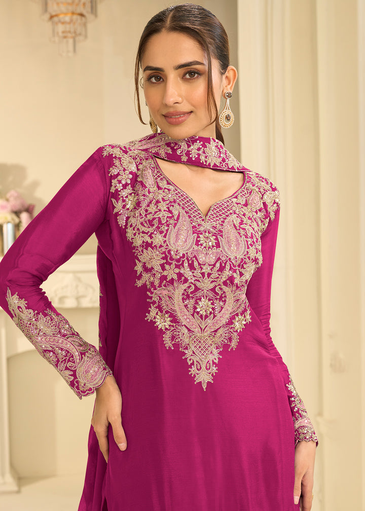 Magenta Chinon Kurta with Exquisite Floral &amp; Paisley Embroidery