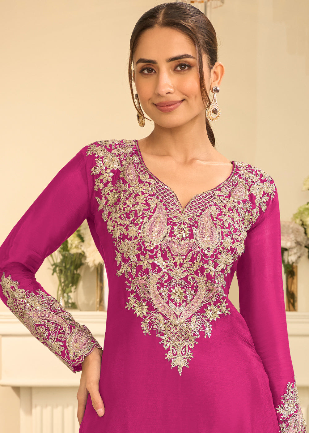 Magenta Chinon Kurta with Exquisite Floral &amp; Paisley Embroidery