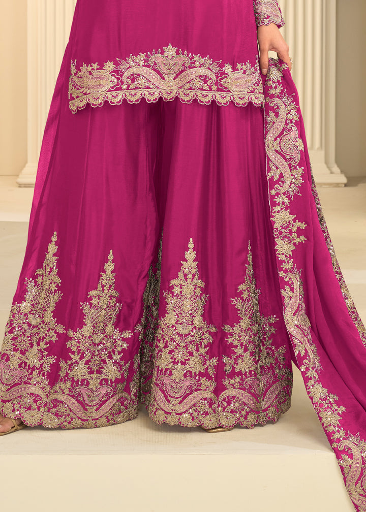 Magenta Chinon Kurta with Exquisite Floral &amp; Paisley Embroidery