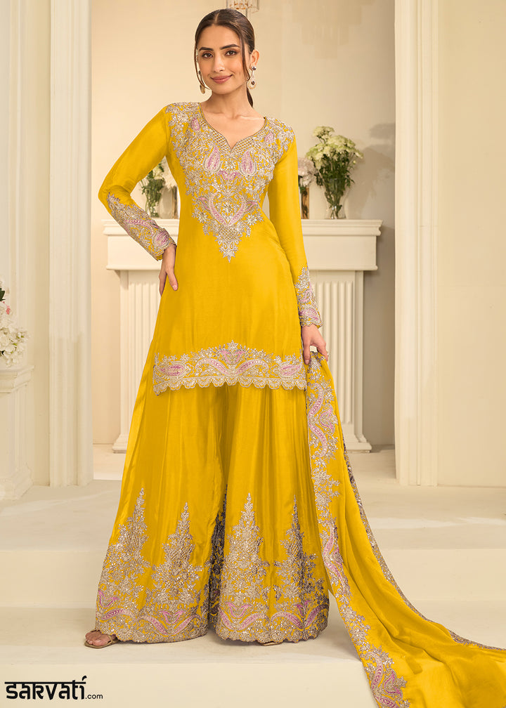 Mustard Yellow Chinon Kurta with Exquisite Floral &amp; Paisley Embroidery