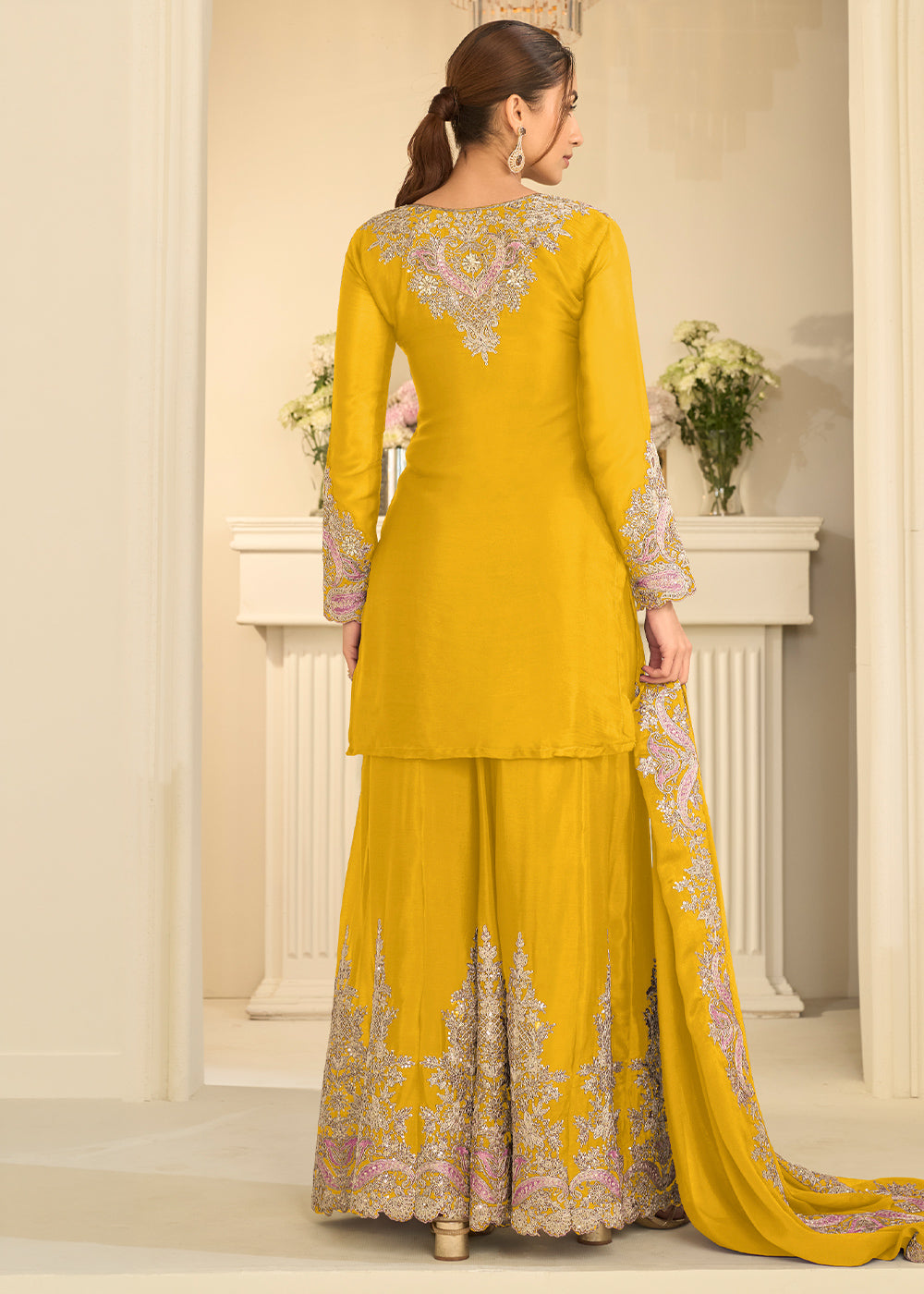 Mustard Yellow Chinon Kurta with Exquisite Floral & Paisley Embroidery