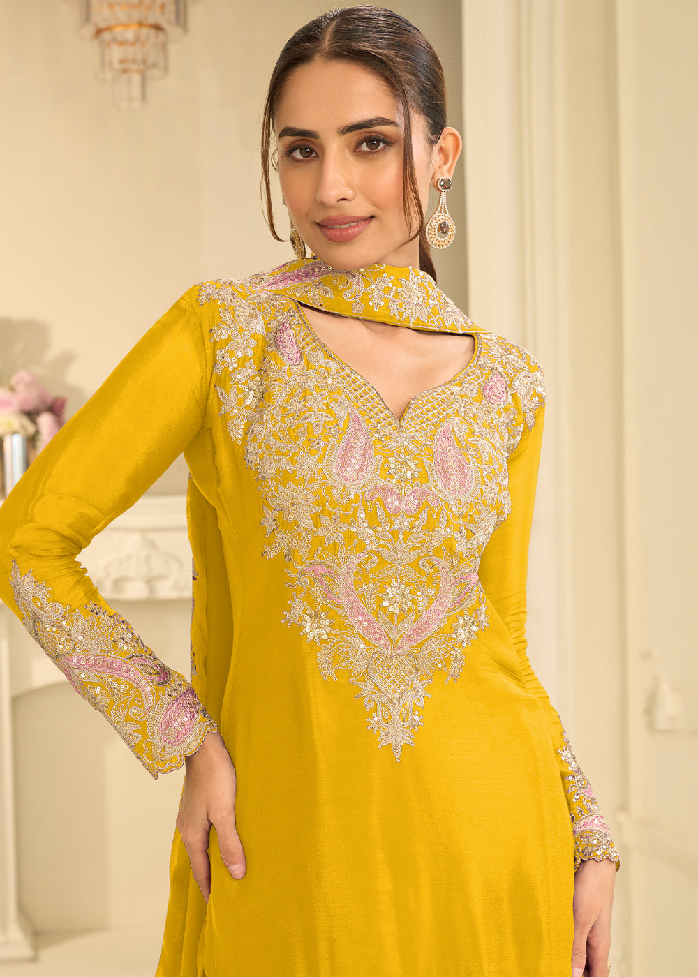 Mustard Yellow Chinon Kurta with Exquisite Floral &amp; Paisley Embroidery