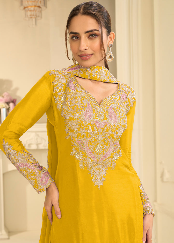 Mustard Yellow Chinon Kurta with Exquisite Floral &amp; Paisley Embroidery