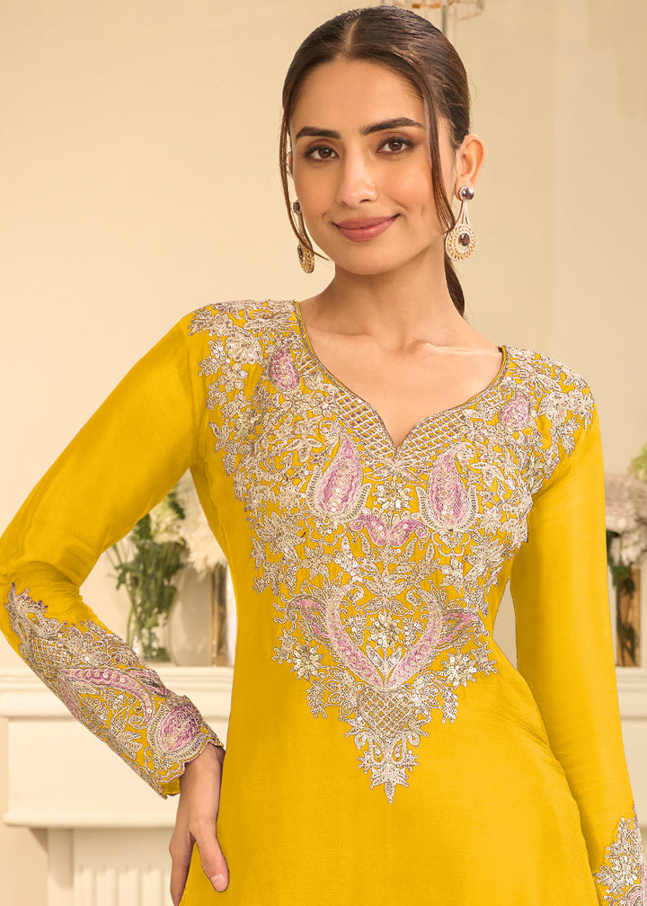 Mustard Yellow Chinon Kurta with Exquisite Floral &amp; Paisley Embroidery