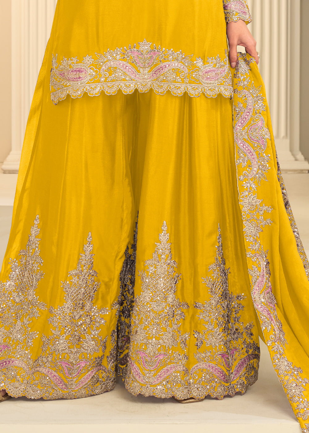 Mustard Yellow Chinon Kurta with Exquisite Floral &amp; Paisley Embroidery