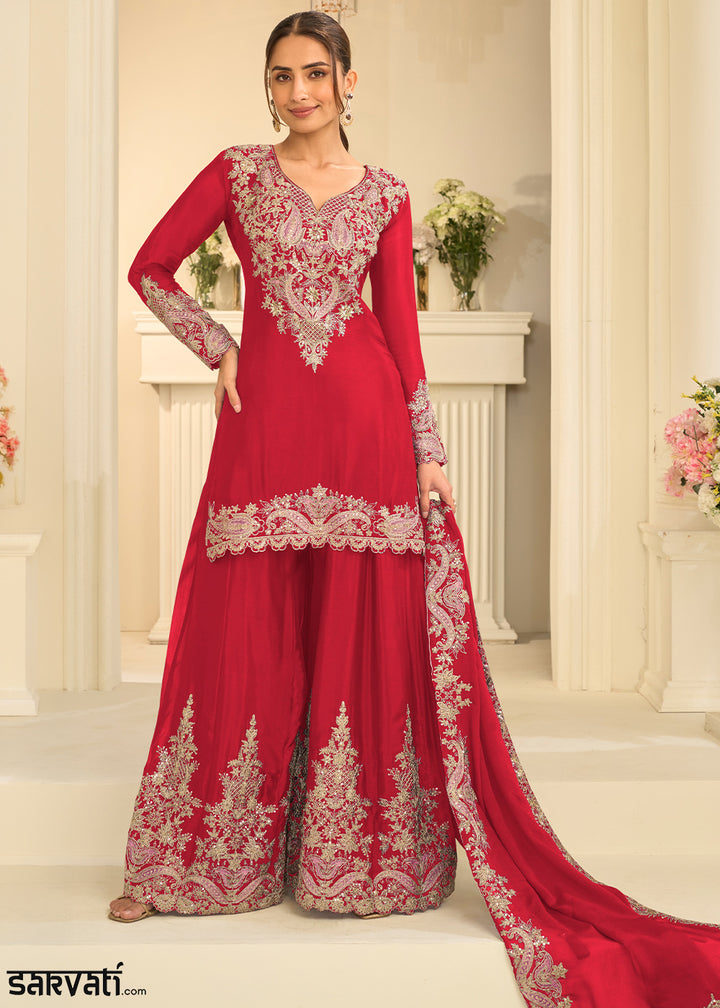 Crimson Red Chinon Kurta with Exquisite Floral &amp; Paisley Embroidery