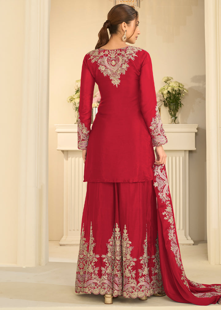Crimson Red Chinon Kurta with Exquisite Floral &amp; Paisley Embroidery
