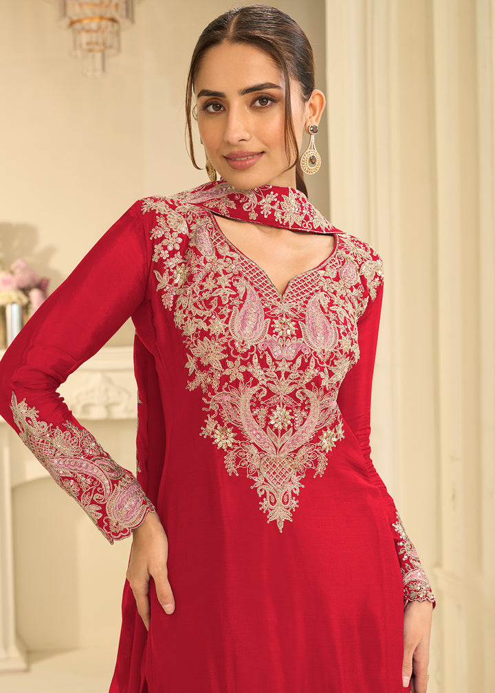 Crimson Red Chinon Kurta with Exquisite Floral &amp; Paisley Embroidery