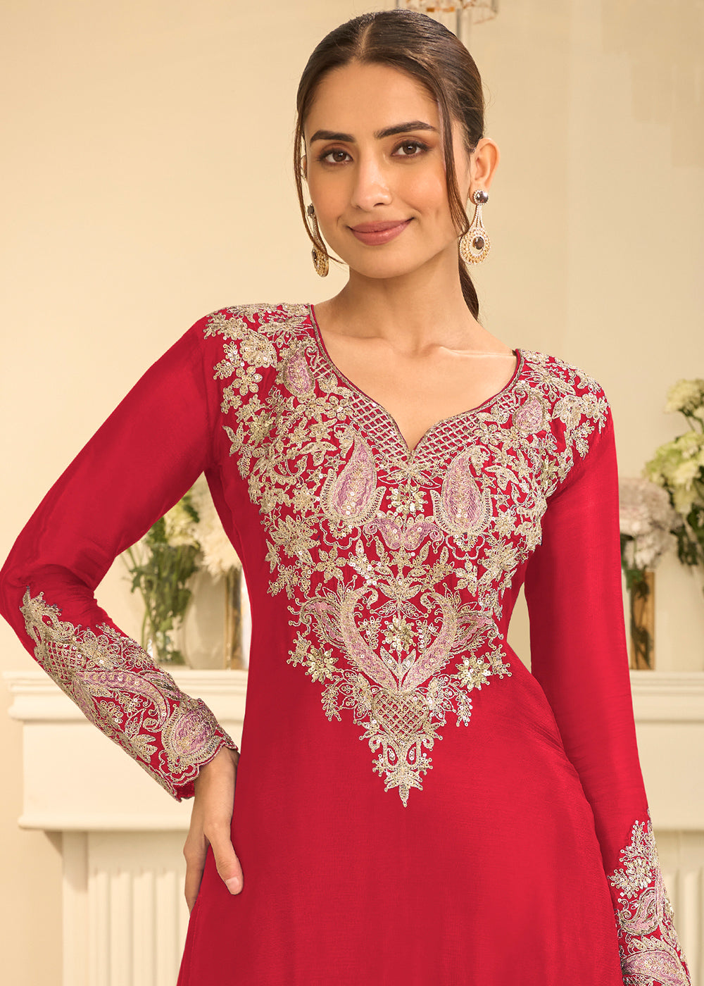 Crimson Red Chinon Kurta with Exquisite Floral &amp; Paisley Embroidery