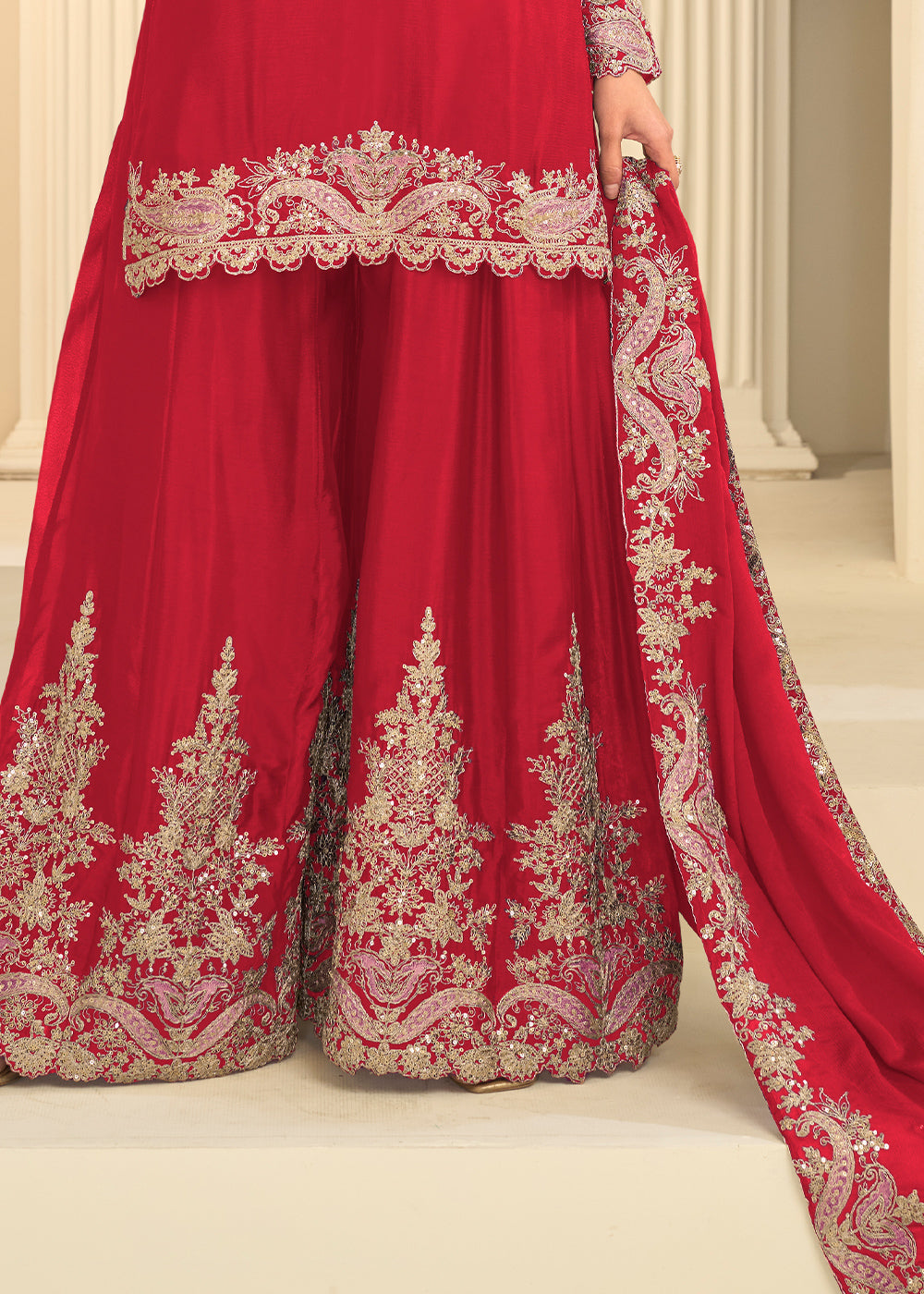Crimson Red Chinon Kurta with Exquisite Floral &amp; Paisley Embroidery