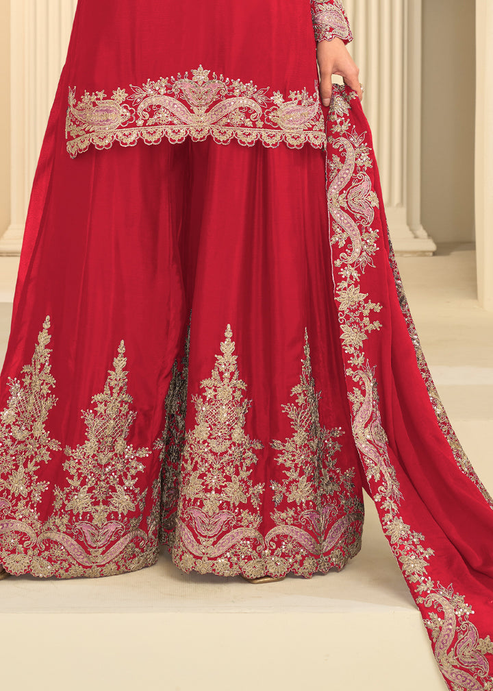 Crimson Red Chinon Kurta with Exquisite Floral &amp; Paisley Embroidery