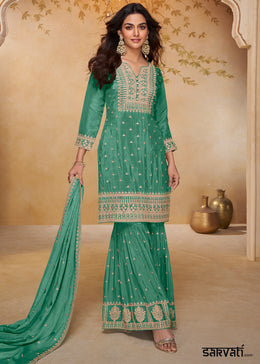 Persian Green Chinon Silk Gharara Suit with Couture-Inspired Embroidery