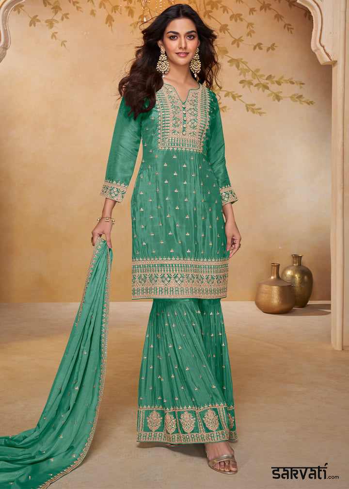 Persian Green Chinon Silk Gharara Suit with Couture-Inspired Embroidery