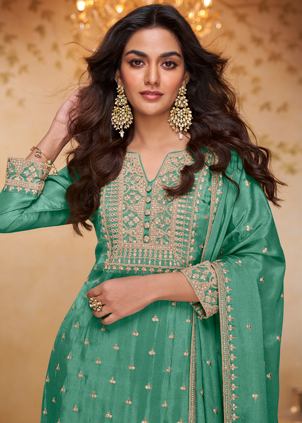 Persian Green Chinon Silk Gharara Suit with Couture-Inspired Embroidery