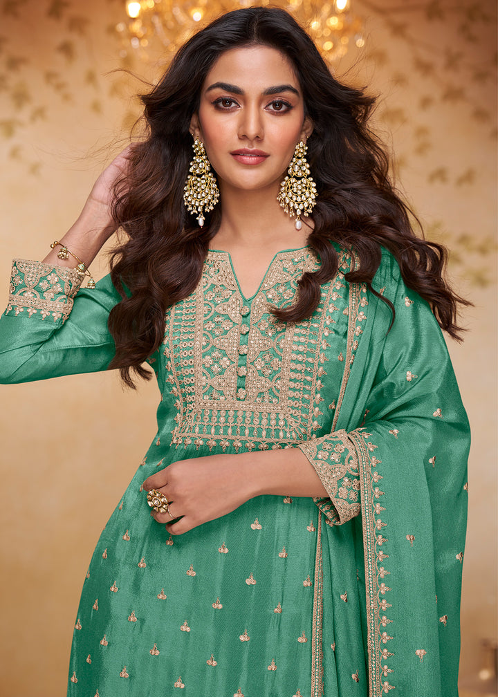 Persian Green Chinon Silk Gharara Suit with Couture-Inspired Embroidery