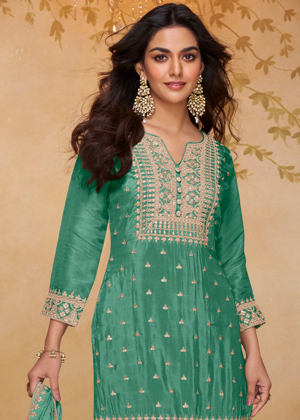 Persian Green Chinon Silk Gharara Suit with Couture-Inspired Embroidery