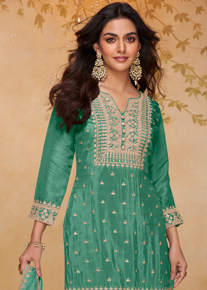 Persian Green Chinon Silk Gharara Suit with Couture-Inspired Embroidery