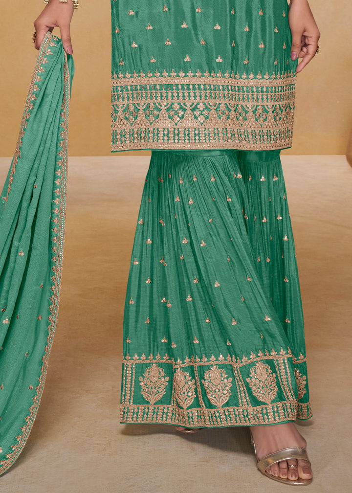 Persian Green Chinon Silk Gharara Suit with Couture-Inspired Embroidery