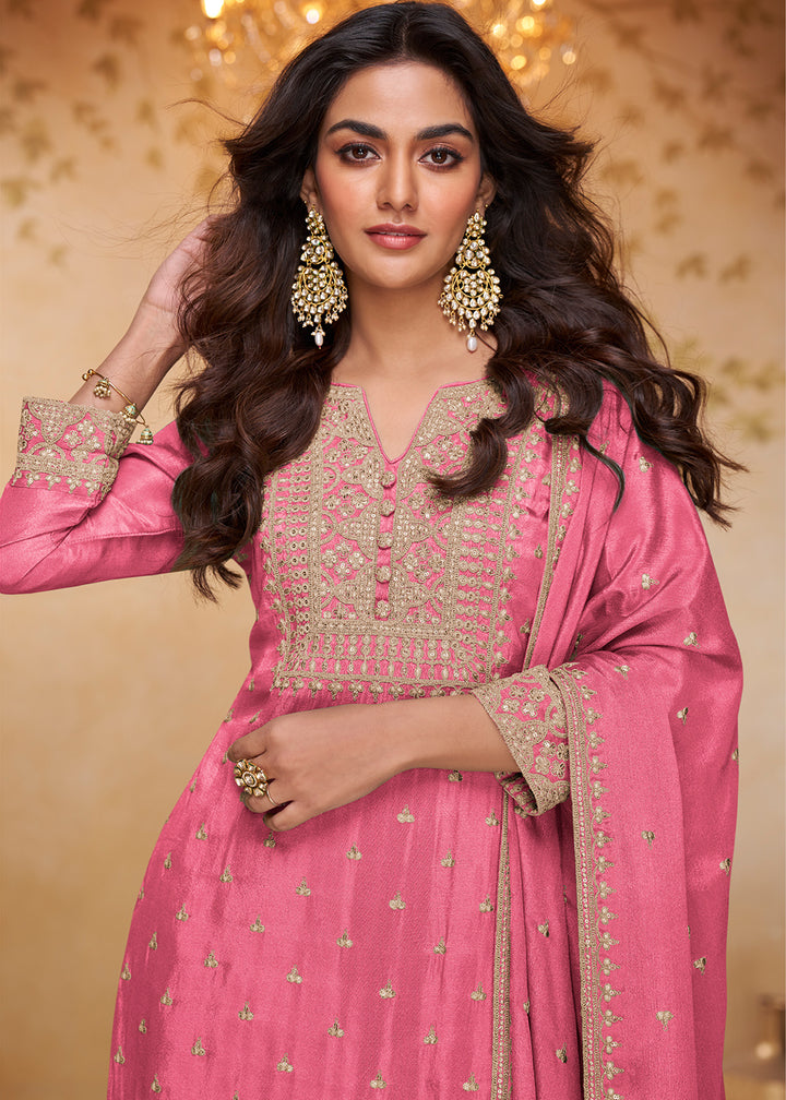 Dazzle Pink Chinon Silk Gharara Suit with Couture-Inspired Embroidery