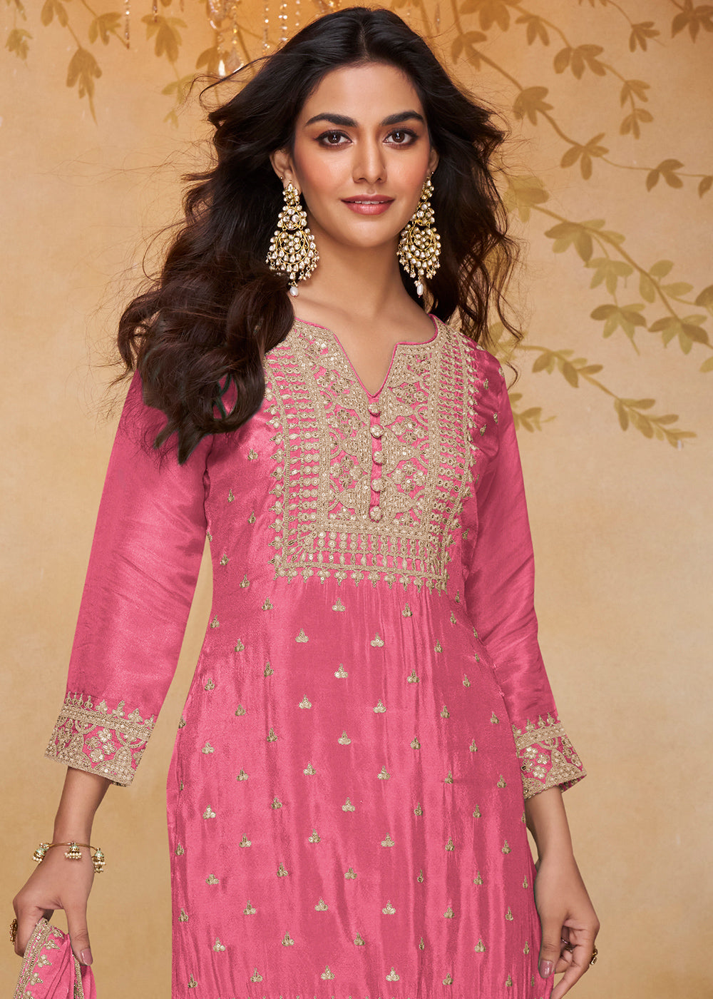 Dazzle Pink Chinon Silk Gharara Suit with Couture-Inspired Embroidery