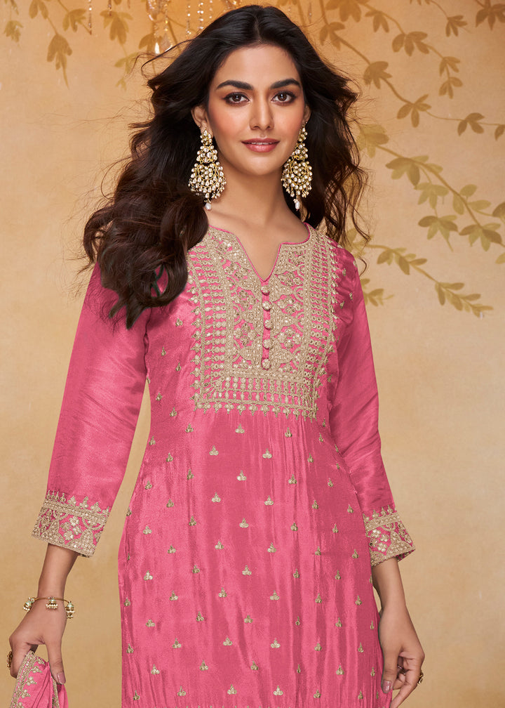 Dazzle Pink Chinon Silk Gharara Suit with Couture-Inspired Embroidery