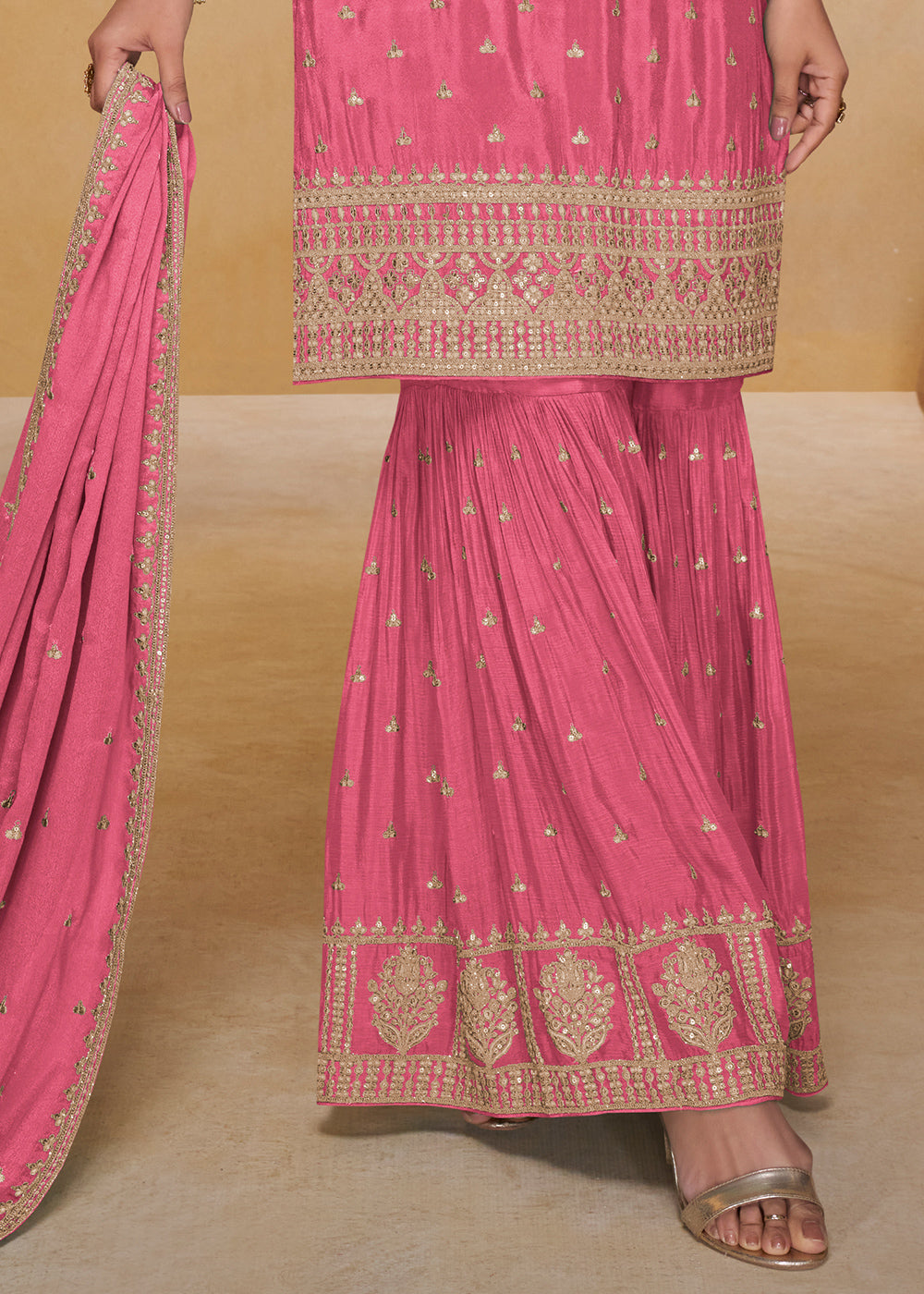 Dazzle Pink Chinon Silk Gharara Suit with Couture-Inspired Embroidery