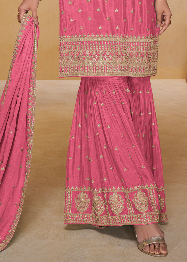 Dazzle Pink Chinon Silk Gharara Suit with Couture-Inspired Embroidery