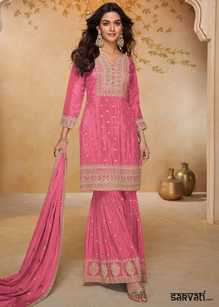 Dazzle Pink Chinon Silk Gharara Suit with Couture-Inspired Embroidery