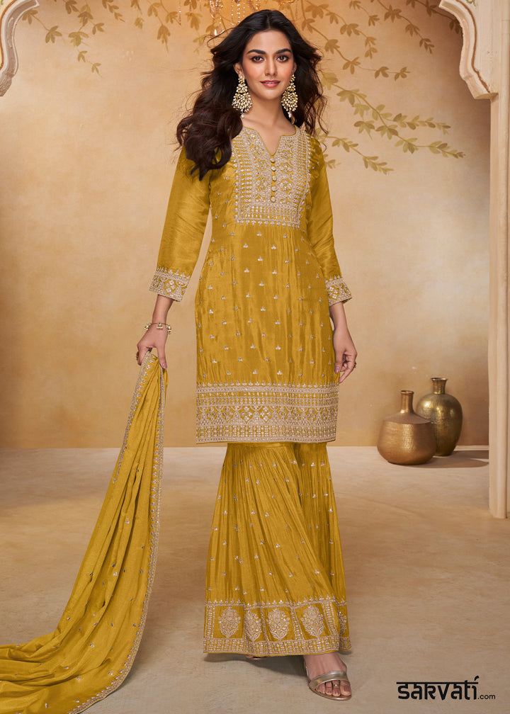 Mustard Yellow Chinon Silk Gharara Suit with Couture-Inspired Embroidery