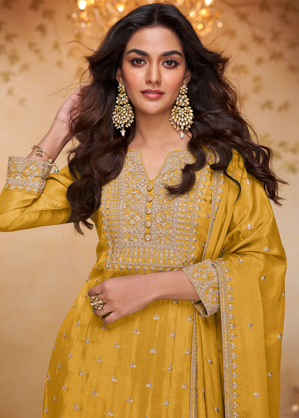 Mustard Yellow Chinon Silk Gharara Suit with Couture-Inspired Embroidery