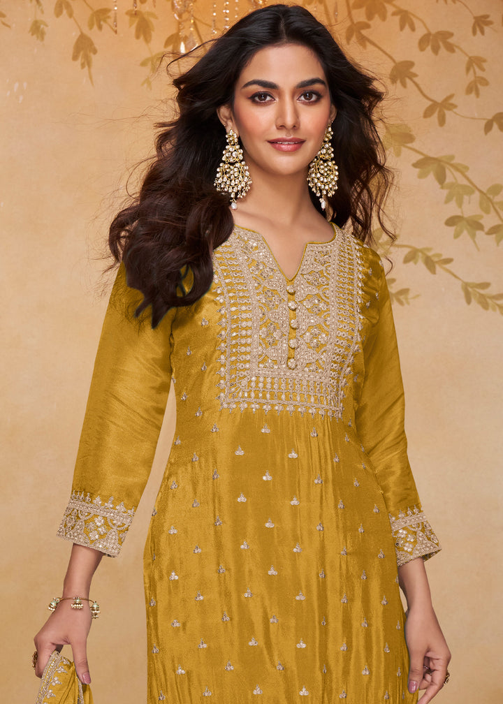 Mustard Yellow Chinon Silk Gharara Suit with Couture-Inspired Embroidery