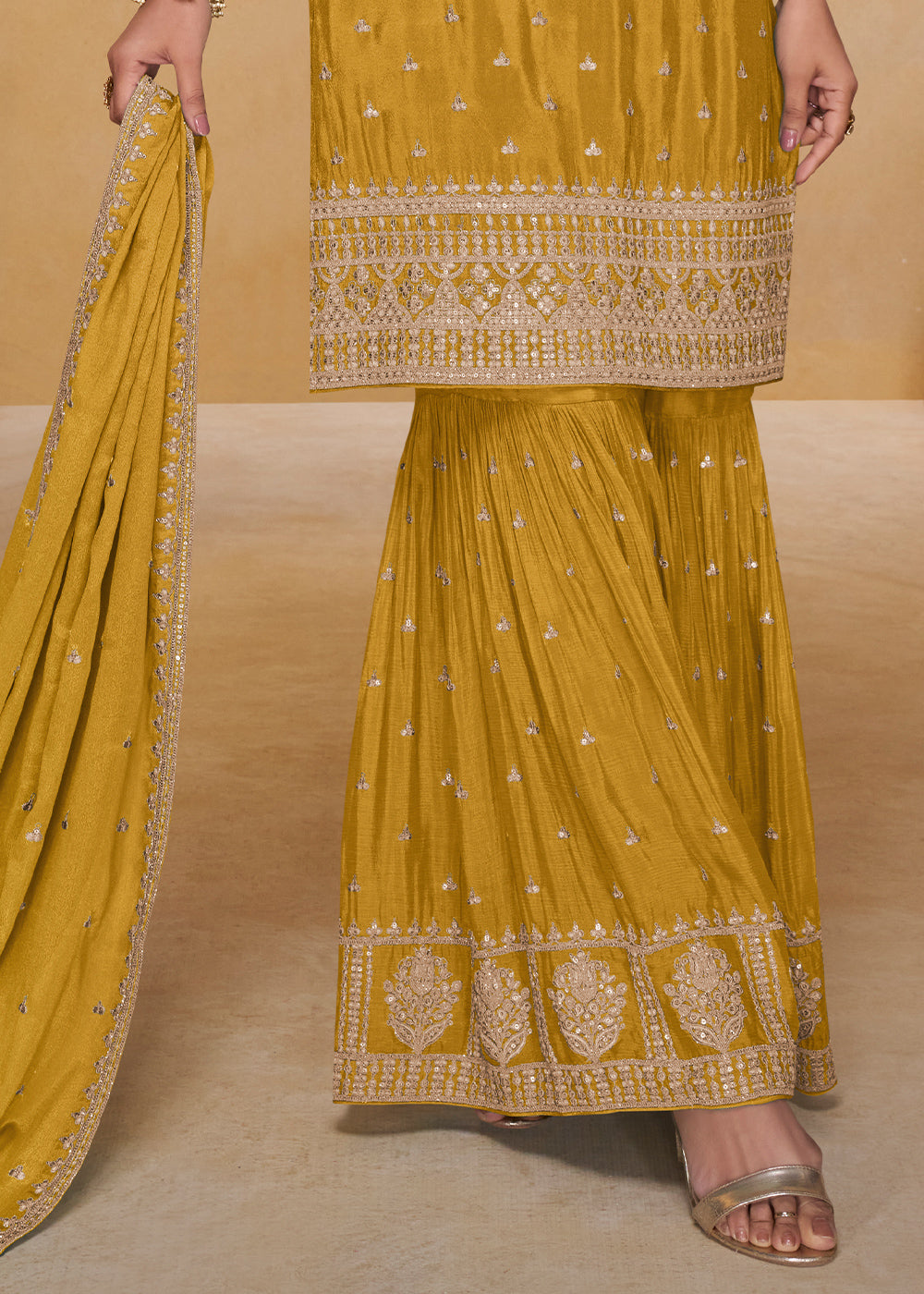Mustard Yellow Chinon Silk Gharara Suit with Couture-Inspired Embroidery