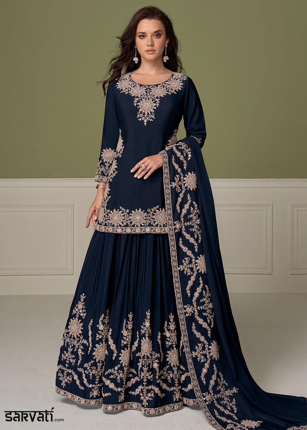 Midnight Blue Chinon Silk Indo-Western Kurta Skirt Set with Zari Embroidery