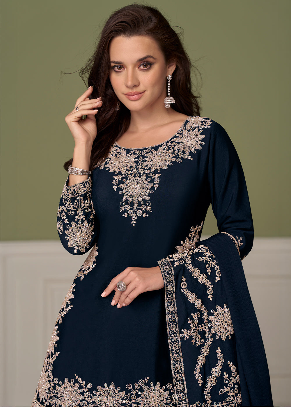 Midnight Blue Chinon Silk Indo-Western Kurta Skirt Set with Zari Embroidery
