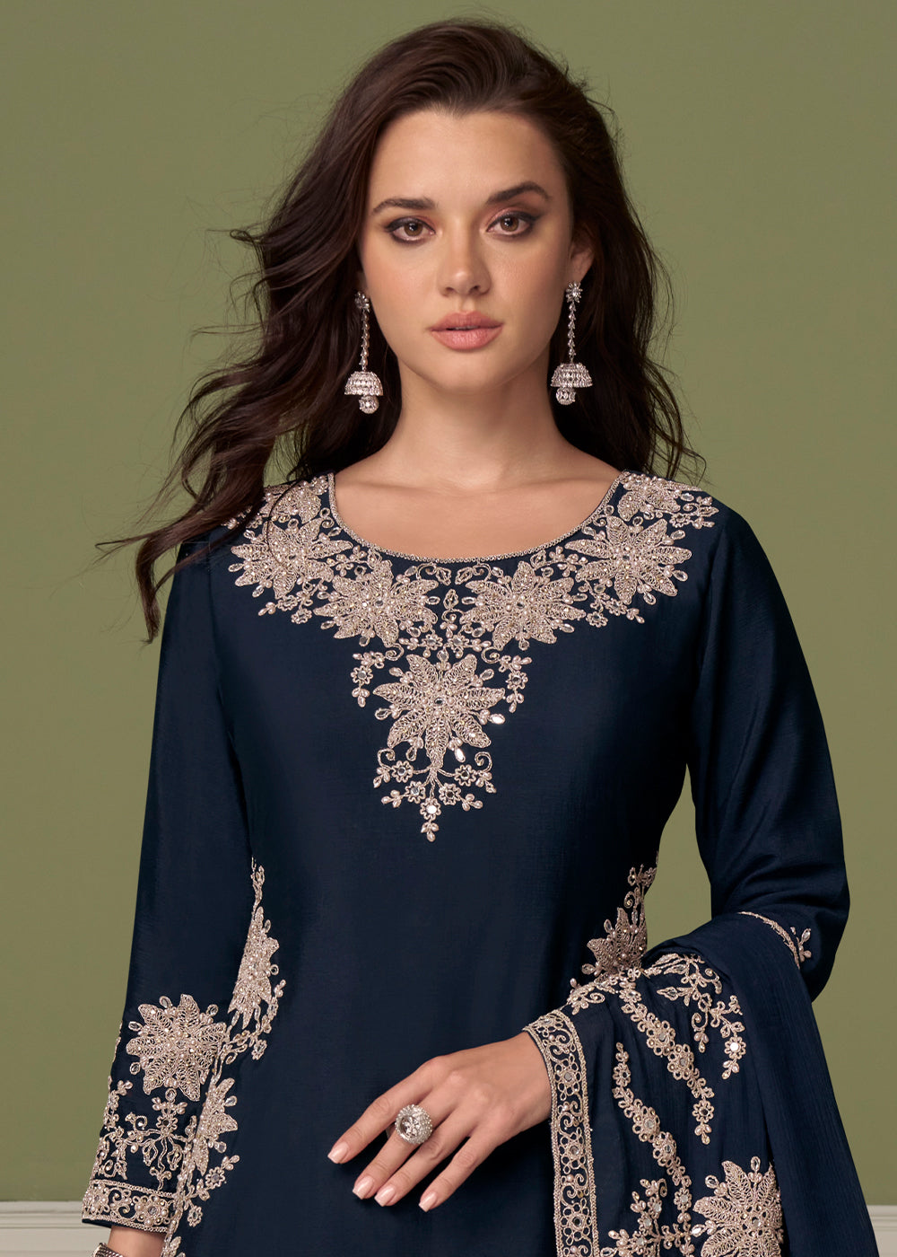 Midnight Blue Chinon Silk Indo-Western Kurta Skirt Set with Zari Embroidery