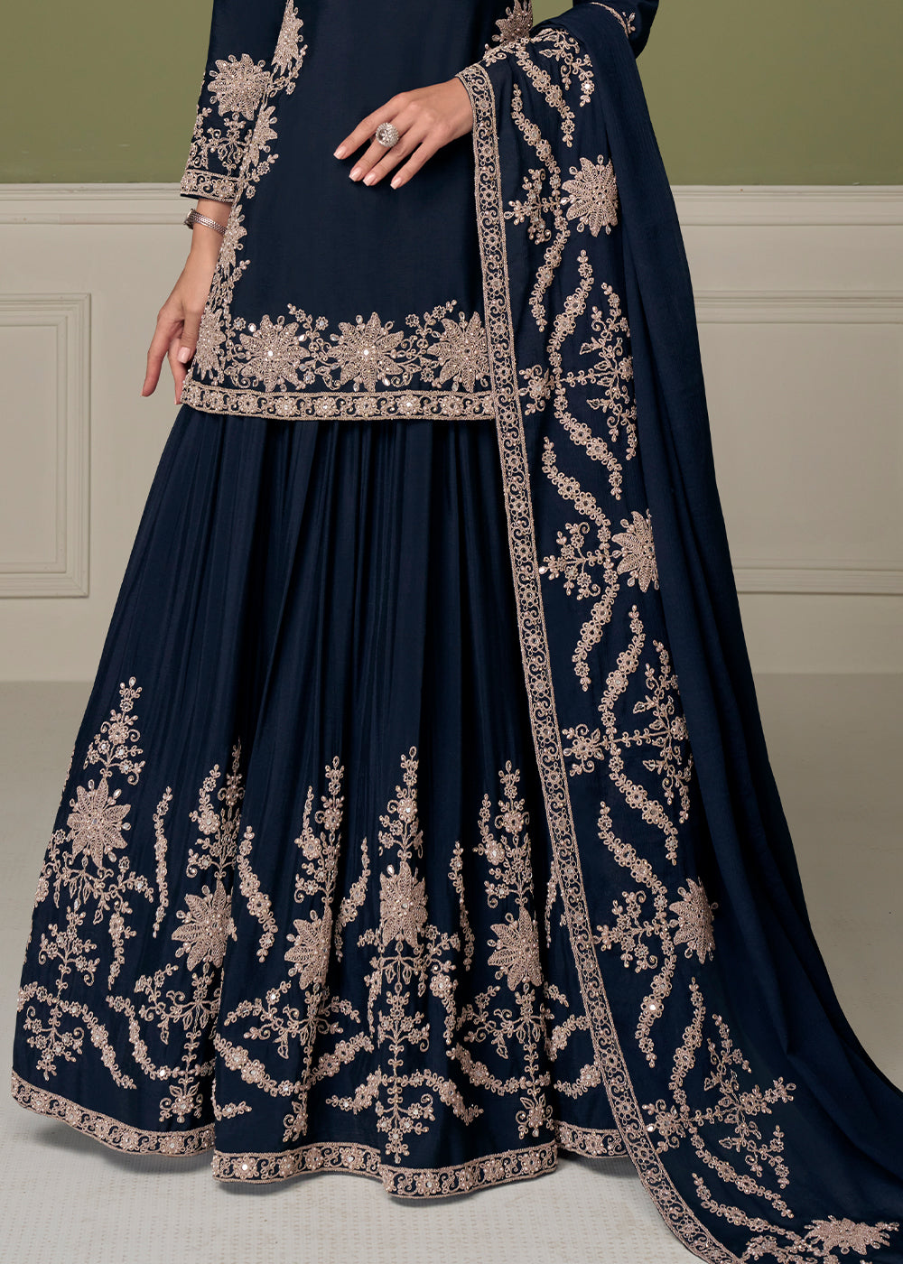 Midnight Blue Chinon Silk Indo-Western Kurta Skirt Set with Zari Embroidery