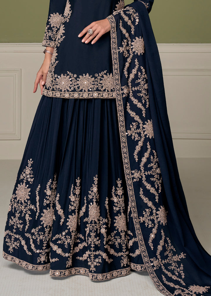 Midnight Blue Chinon Silk Indo-Western Kurta Skirt Set with Zari Embroidery