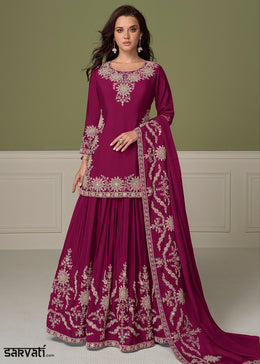 Berry Pink Chinon Silk Indo-Western Kurta Skirt Set with Zari Embroidery