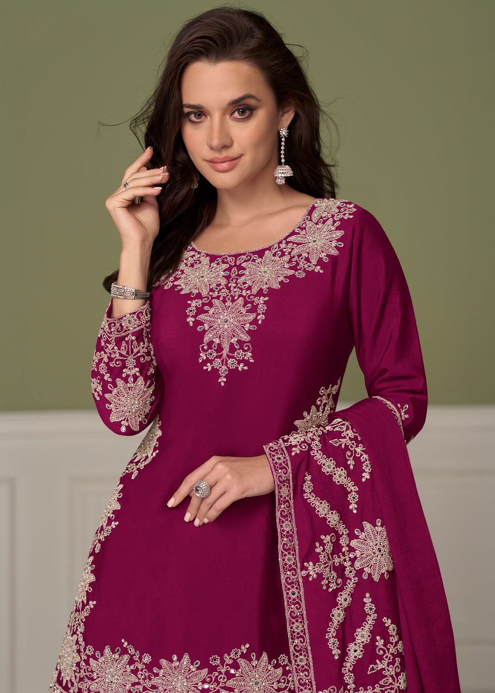 Berry Pink Chinon Silk Indo-Western Kurta Skirt Set with Zari Embroidery