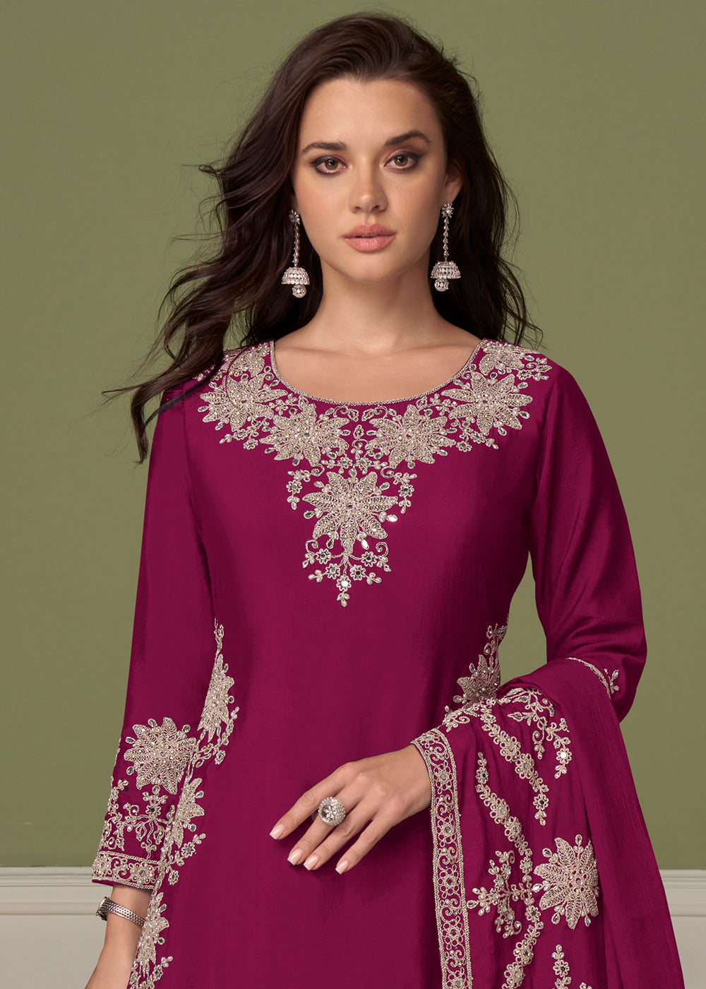 Berry Pink Chinon Silk Indo-Western Kurta Skirt Set with Zari Embroidery