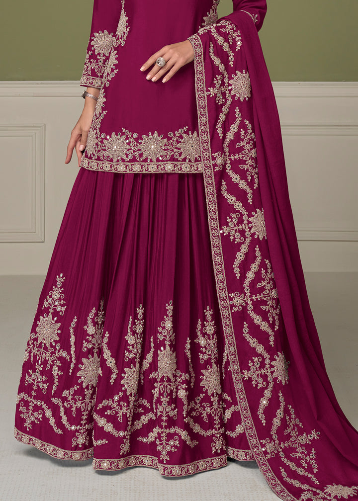 Berry Pink Chinon Silk Indo-Western Kurta Skirt Set with Zari Embroidery