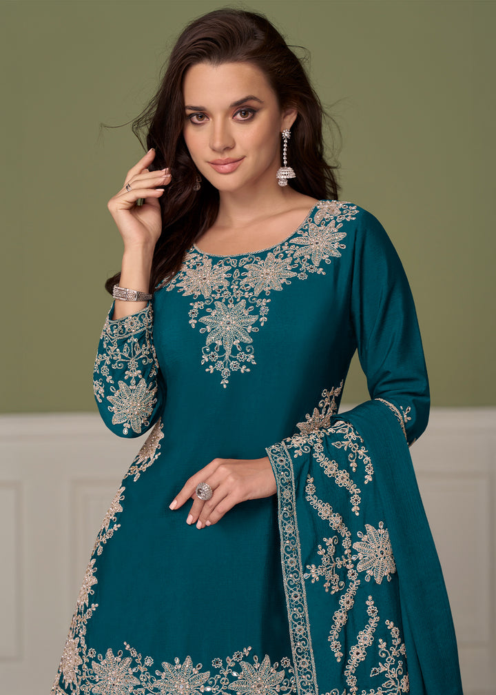 Teal Blue Chinon Silk Indo-Western Kurta Skirt Set with Zari Embroidery