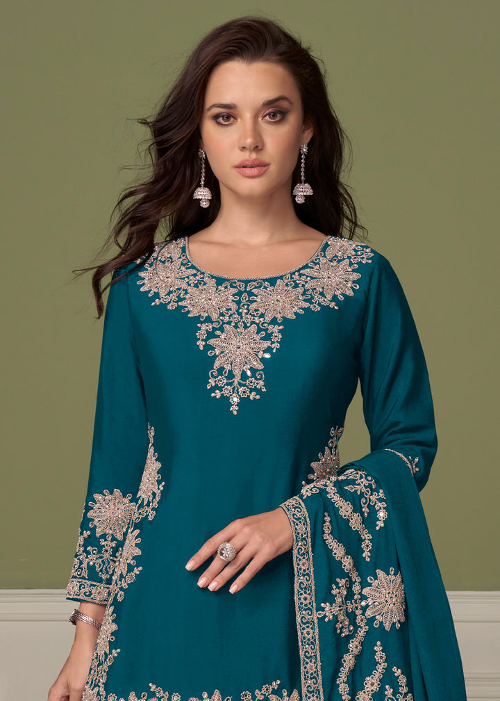 Teal Blue Chinon Silk Indo-Western Kurta Skirt Set with Zari Embroidery