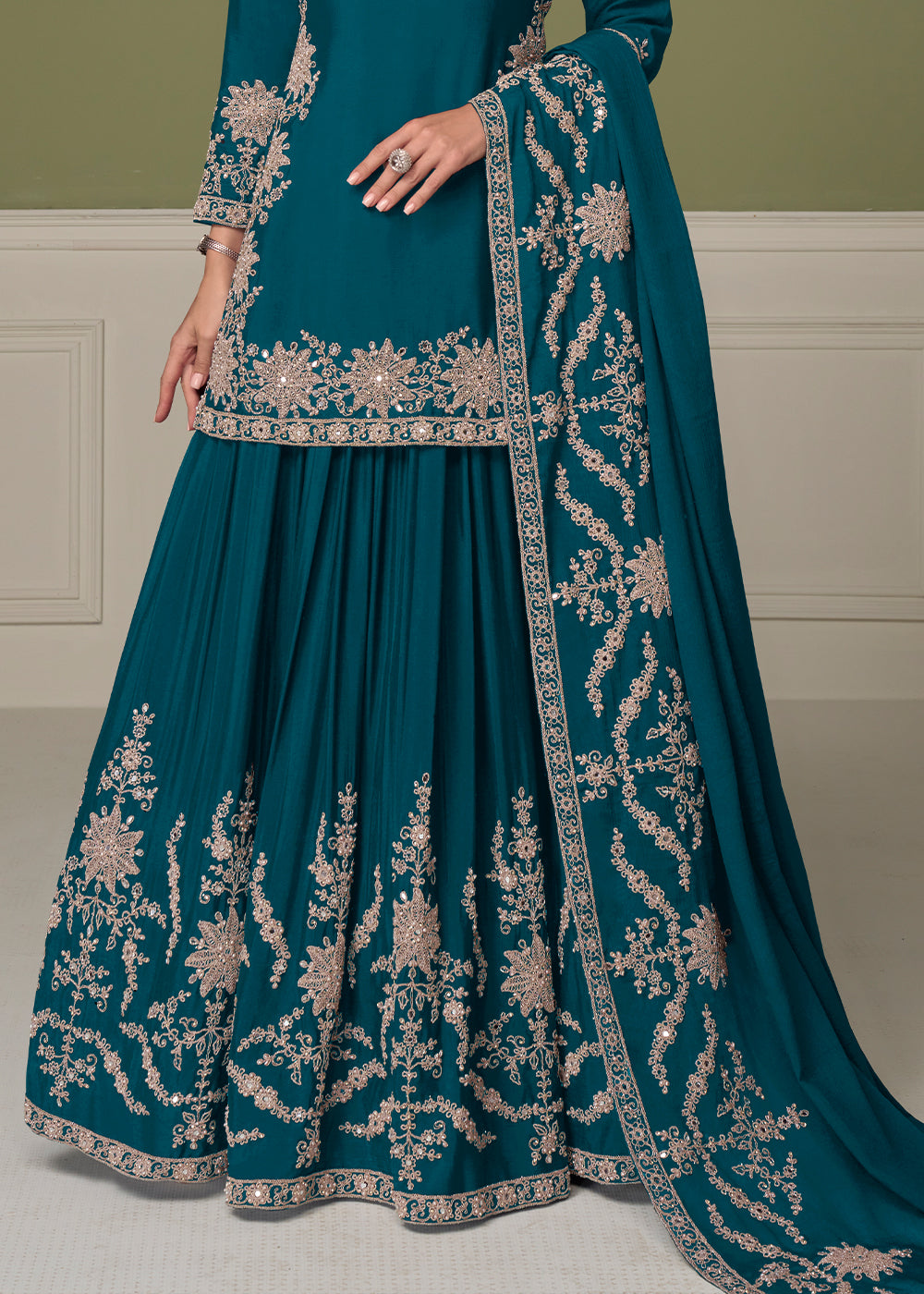 Teal Blue Chinon Silk Indo-Western Kurta Skirt Set with Zari Embroidery