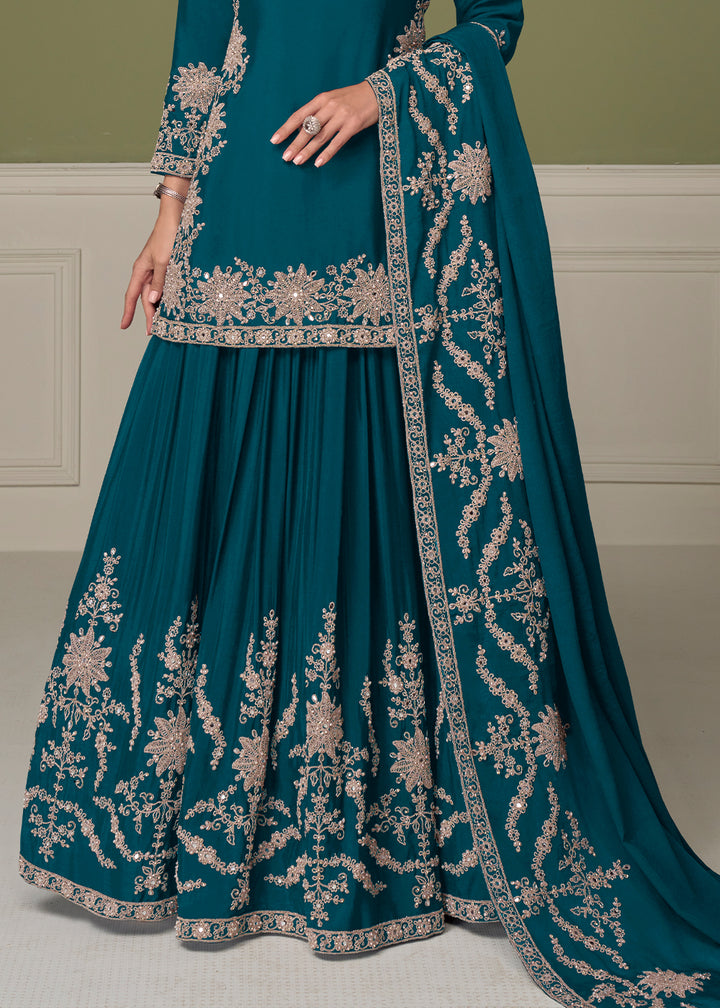 Teal Blue Chinon Silk Indo-Western Kurta Skirt Set with Zari Embroidery