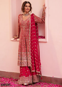Ruby Red Georgette Heavy Embroidered Palazzo Set with Sequin and Beadwork