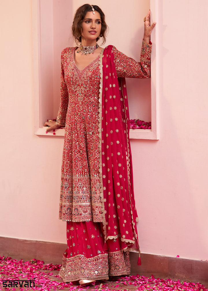 Ruby Red Georgette Heavy Embroidered Palazzo Set with Sequin and Beadwork