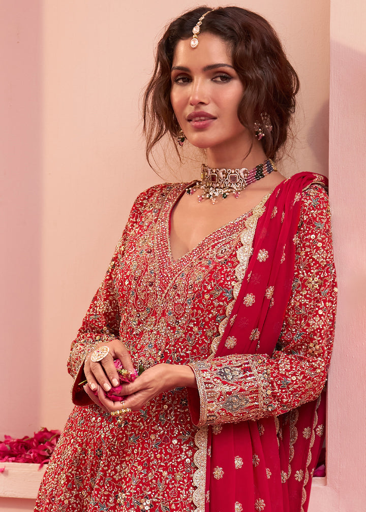 Ruby Red Georgette Heavy Embroidered Palazzo Set with Sequin and Beadwork