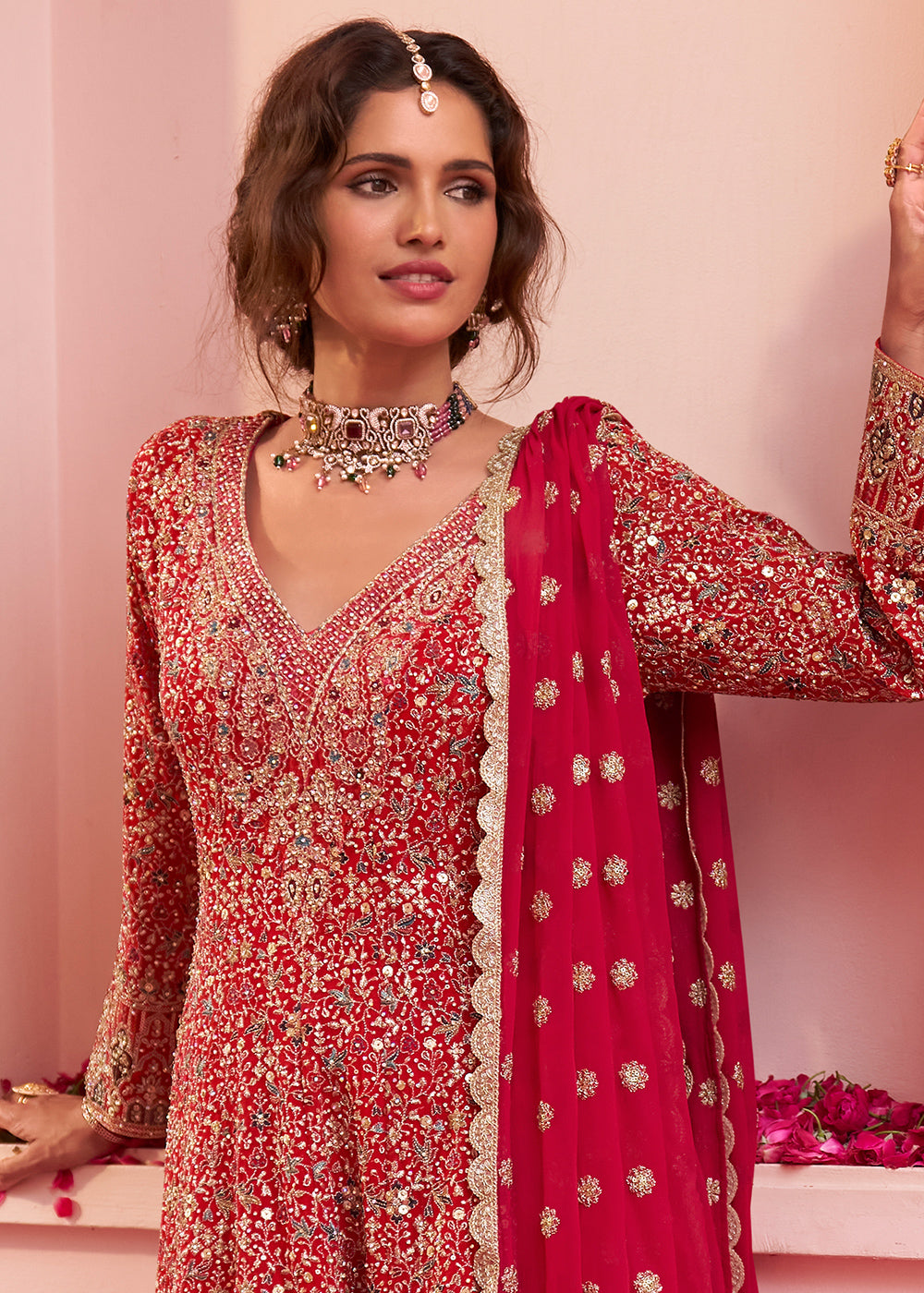 Ruby Red Georgette Heavy Embroidered Palazzo Set with Sequin and Beadwork