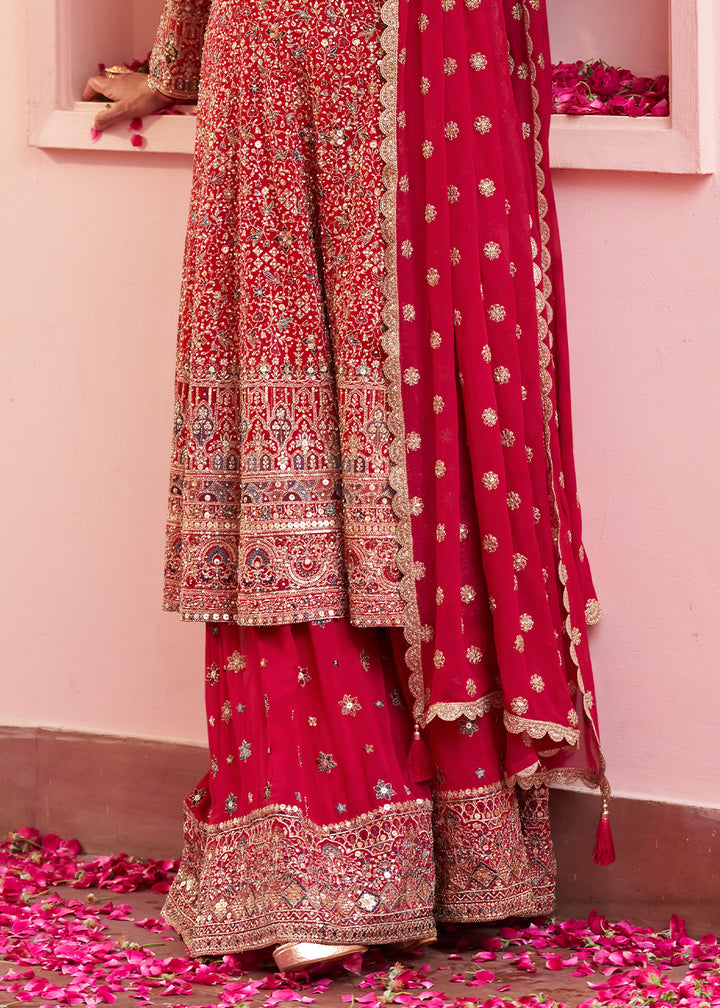 Ruby Red Georgette Heavy Embroidered Palazzo Set with Sequin and Beadwork
